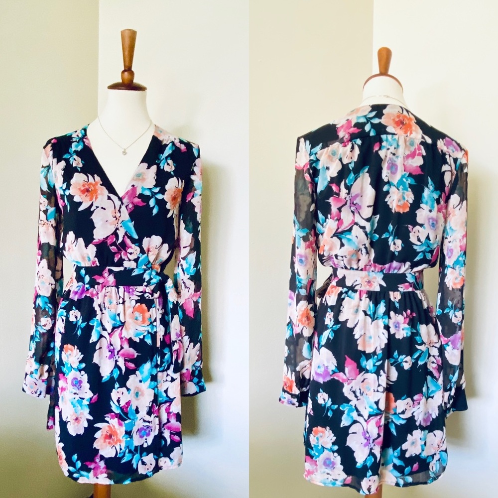 Leyden Floral Black Wrap Long Sleeve Mini Dress